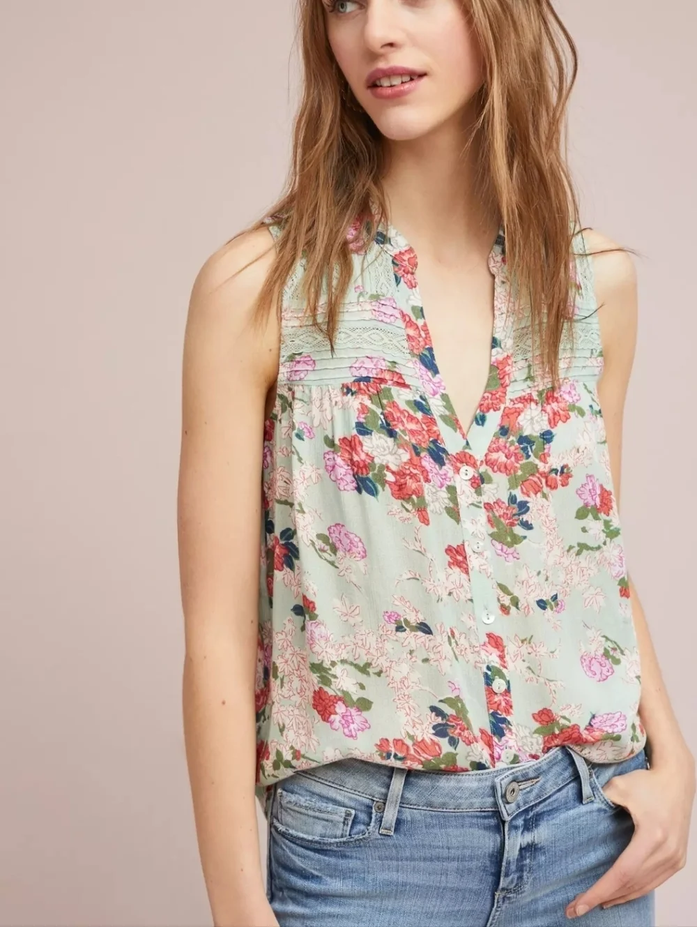 Anthropologie Meadow Rue Top Women's 10 Mint Green Floral Sleeveless - Picture 4 of 13